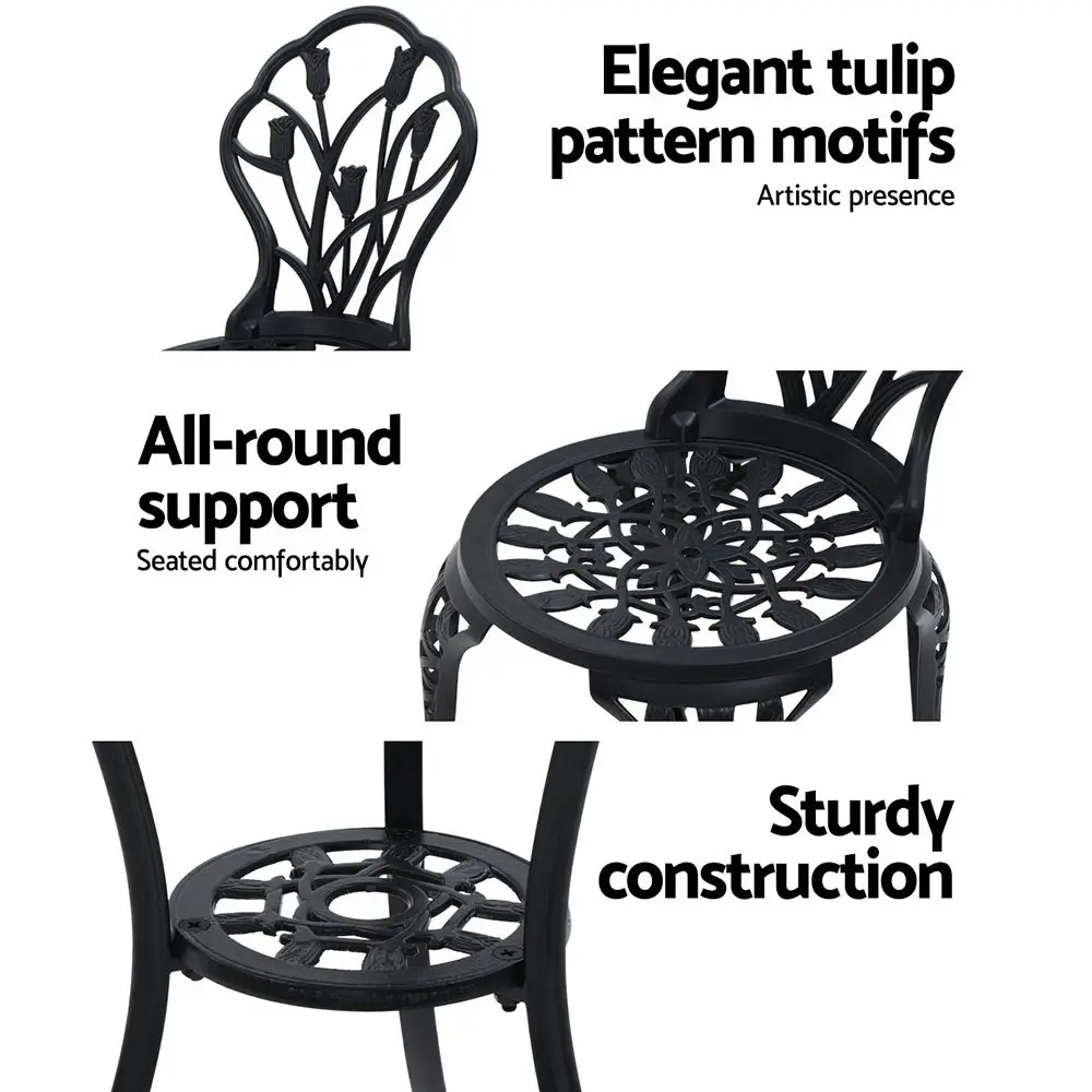 Gardeon 3PC Outdoor Setting Bistro Set Chairs Table Cast Aluminum Patio Furniture Tulip Black