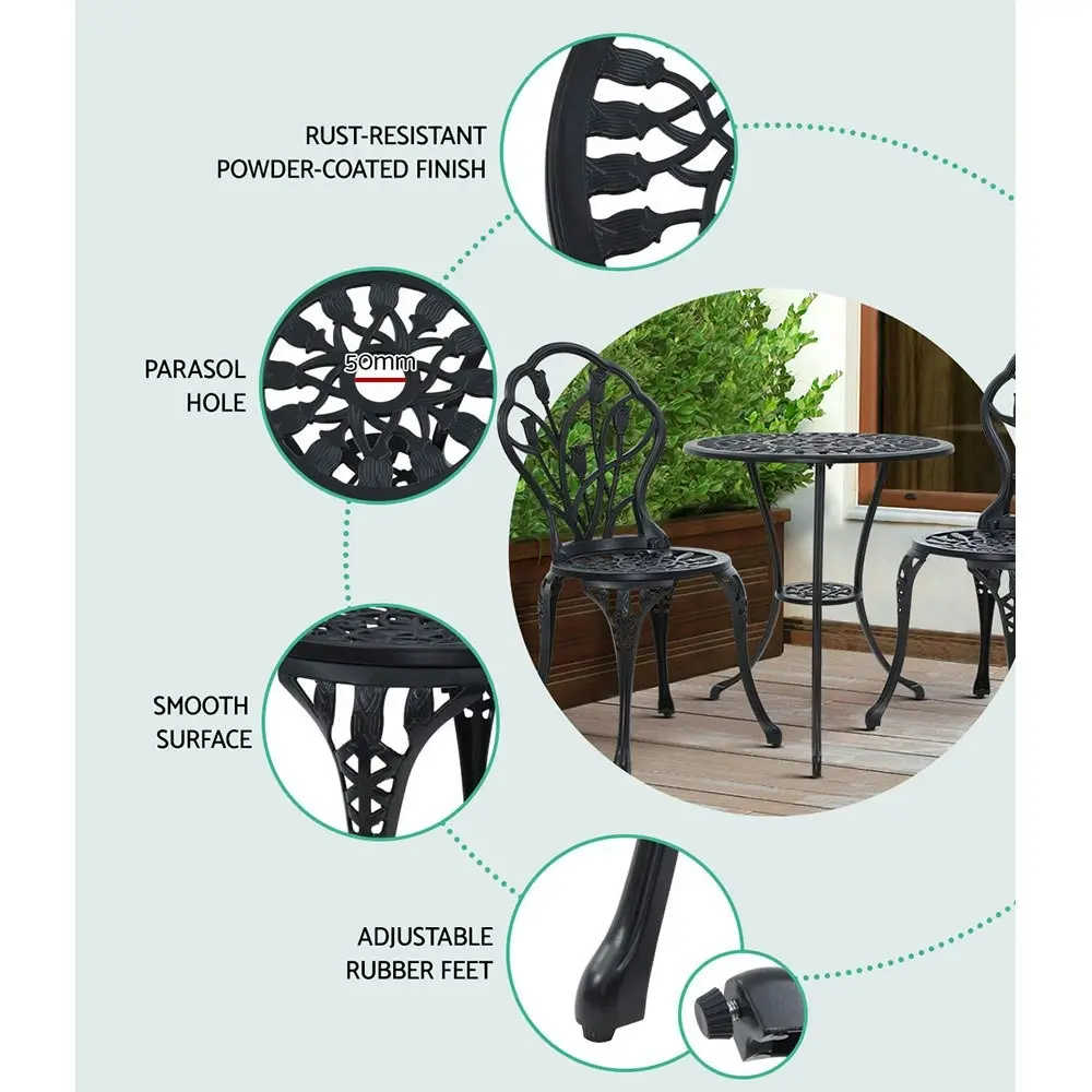 Gardeon 3PC Outdoor Setting Bistro Set Chairs Table Cast Aluminum Patio Furniture Tulip Black