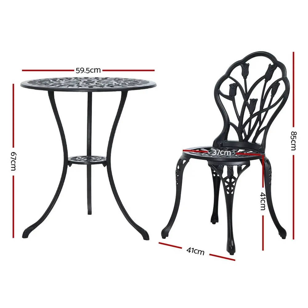 Gardeon 3PC Outdoor Setting Bistro Set Chairs Table Cast Aluminum Patio Furniture Tulip Black