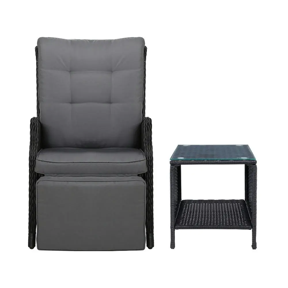 Gardeon 3PC Recliner Chairs Table Sun lounge Outdoor Furniture Wicker Adjustable Black