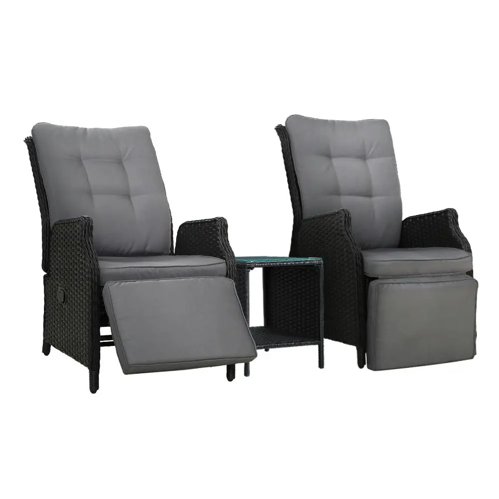 Gardeon 3PC Recliner Chairs Table Sun lounge Outdoor Furniture Wicker Adjustable Black