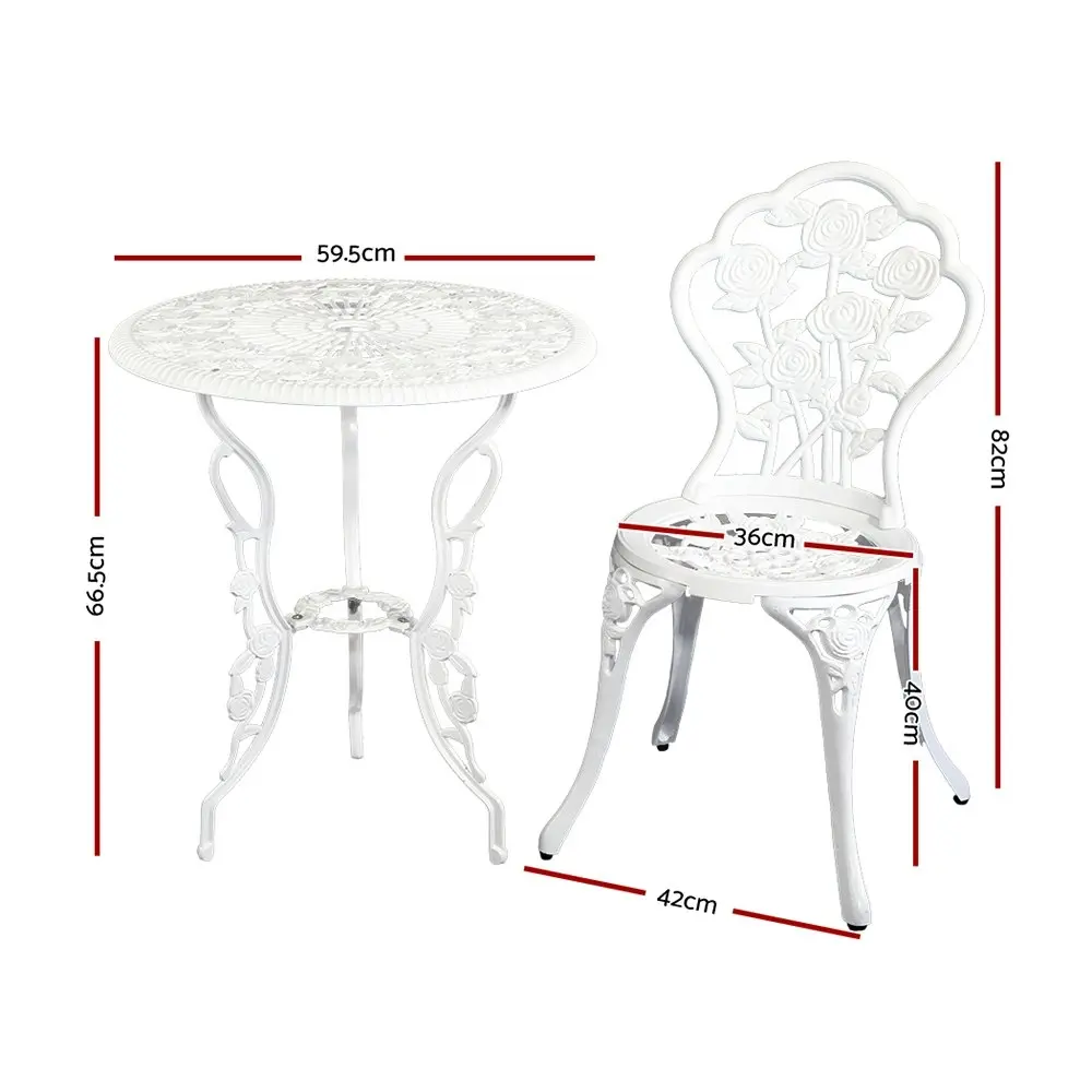 Gardeon 3PC Outdoor Setting Bistro Set Chairs Table Cast Aluminum Patio Furniture Rose White