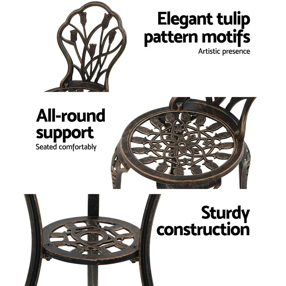 Gardeon 3PC Outdoor Setting Bistro Set Chairs Table Cast Aluminum Patio Furniture Tulip Bronze