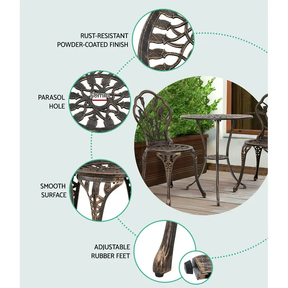 Gardeon 3PC Outdoor Setting Bistro Set Chairs Table Cast Aluminum Patio Furniture Tulip Bronze