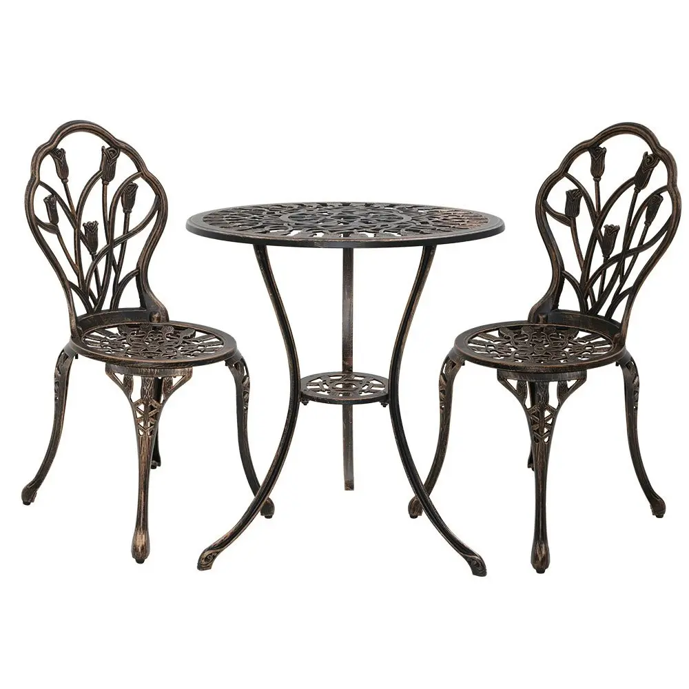 Gardeon 3PC Outdoor Setting Bistro Set Chairs Table Cast Aluminum Patio Furniture Tulip Bronze