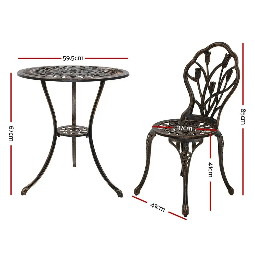 Gardeon 3PC Outdoor Setting Bistro Set Chairs Table Cast Aluminum Patio Furniture Tulip Bronze