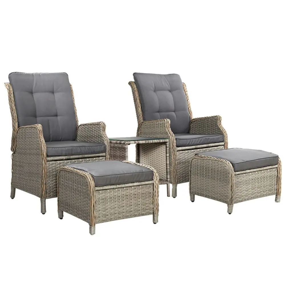 Gardeon 5PC Recliner Chairs Table Sun lounge Wicker Outdoor Furniture Adjustable Grey