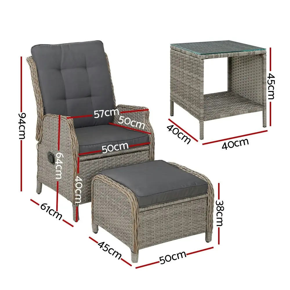 Gardeon 5PC Recliner Chairs Table Sun lounge Wicker Outdoor Furniture Adjustable Grey