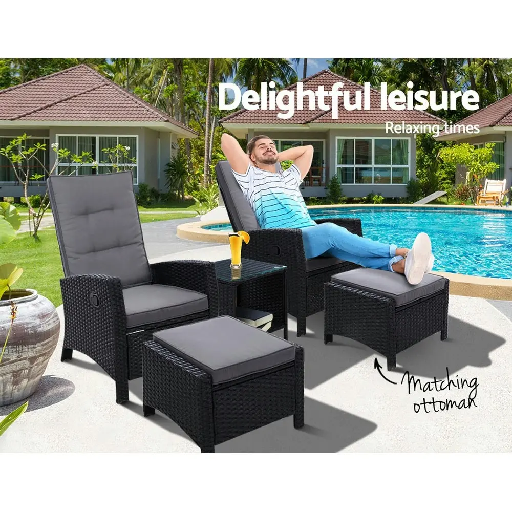 Gardeon 5PC Recliner Chairs Table Sun lounge Wicker Outdoor Furniture Adjustable Black