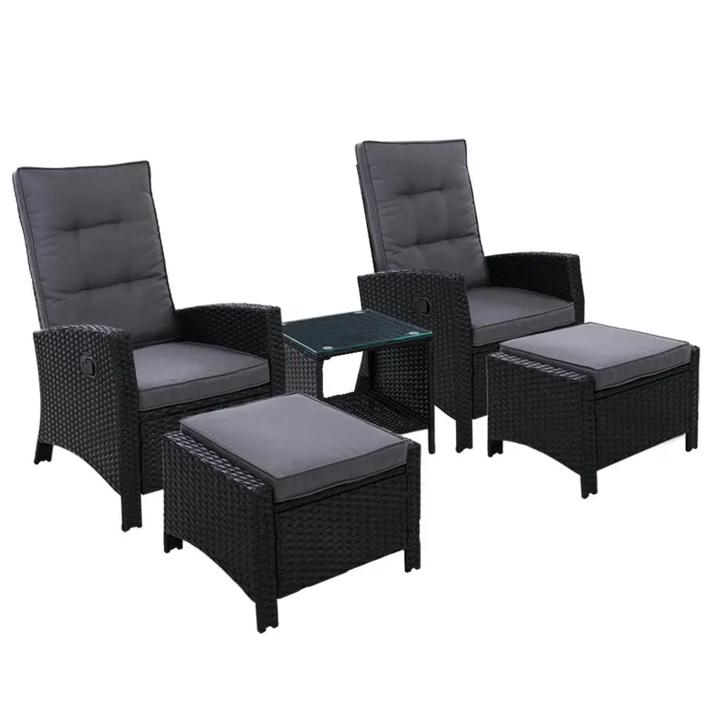 Gardeon 5PC Recliner Chairs Table Sun lounge Wicker Outdoor Furniture Adjustable Black