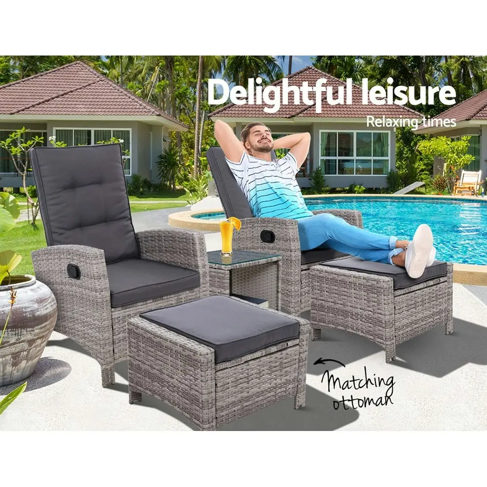 Gardeon 5PC Recliner Chairs Table Sun lounge Wicker Outdoor Furniture Grey