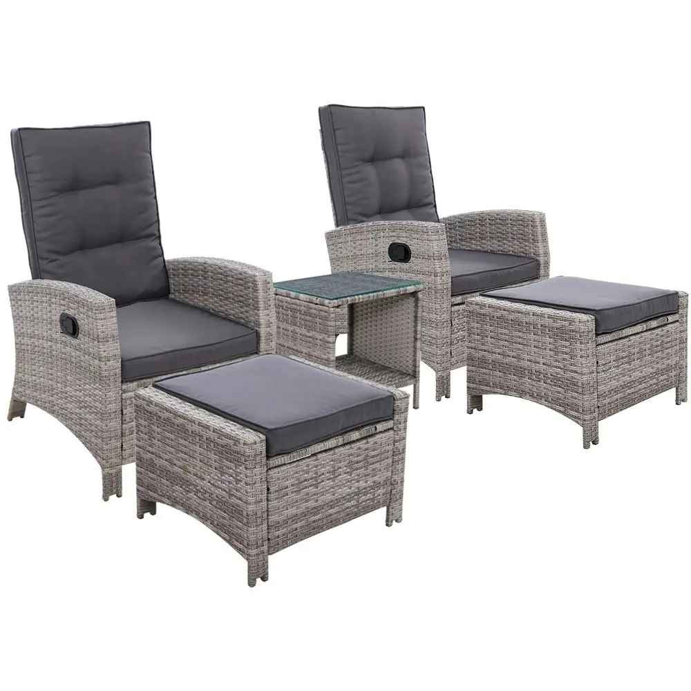 Gardeon 5PC Recliner Chairs Table Sun lounge Wicker Outdoor Furniture Grey