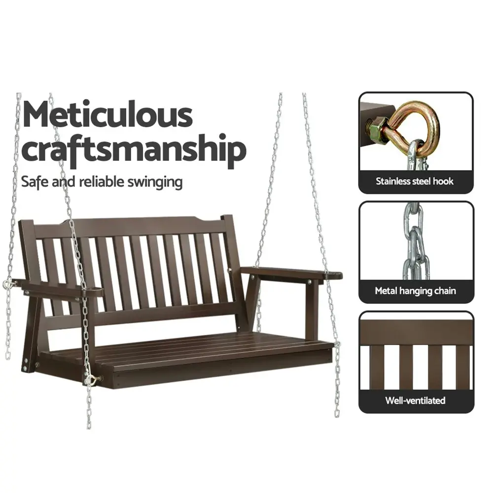 Gardeon Porch Swing Chair With Chain Outdoor Furniture Wooden Bench 2 Seat Brown