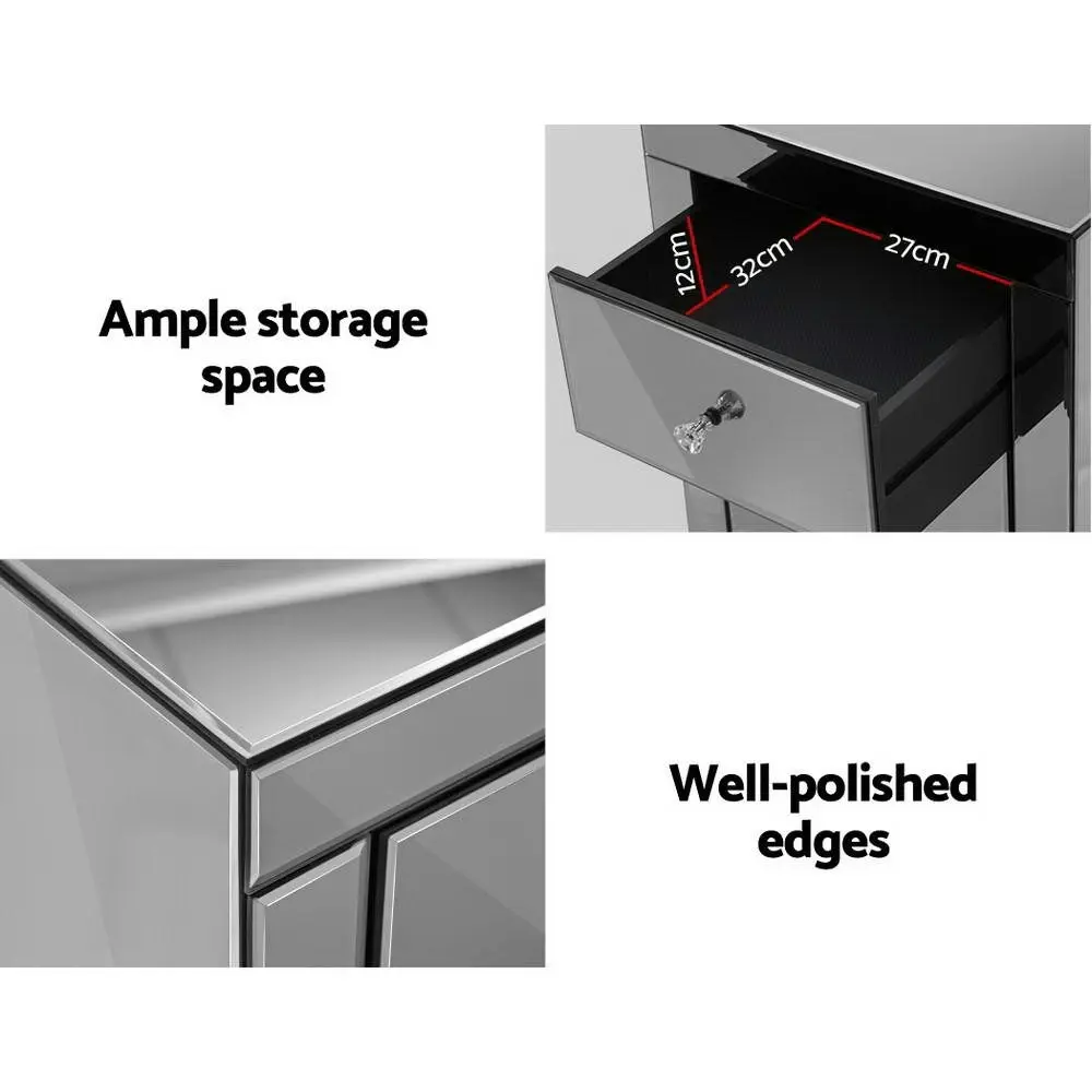 Artiss Bedside Table 3 Drawers Mirrored Glass - PRESIA Grey