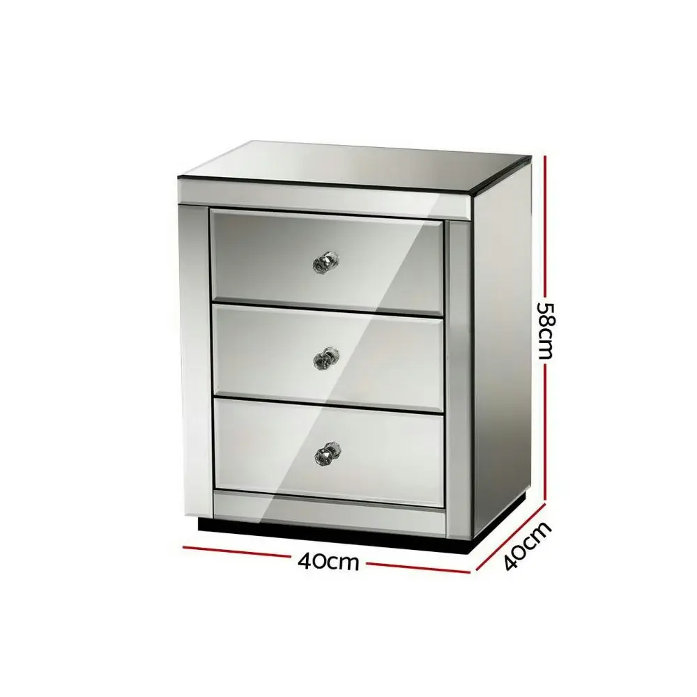 Artiss Bedside Table 3 Drawers Mirrored Glass - PRESIA Grey