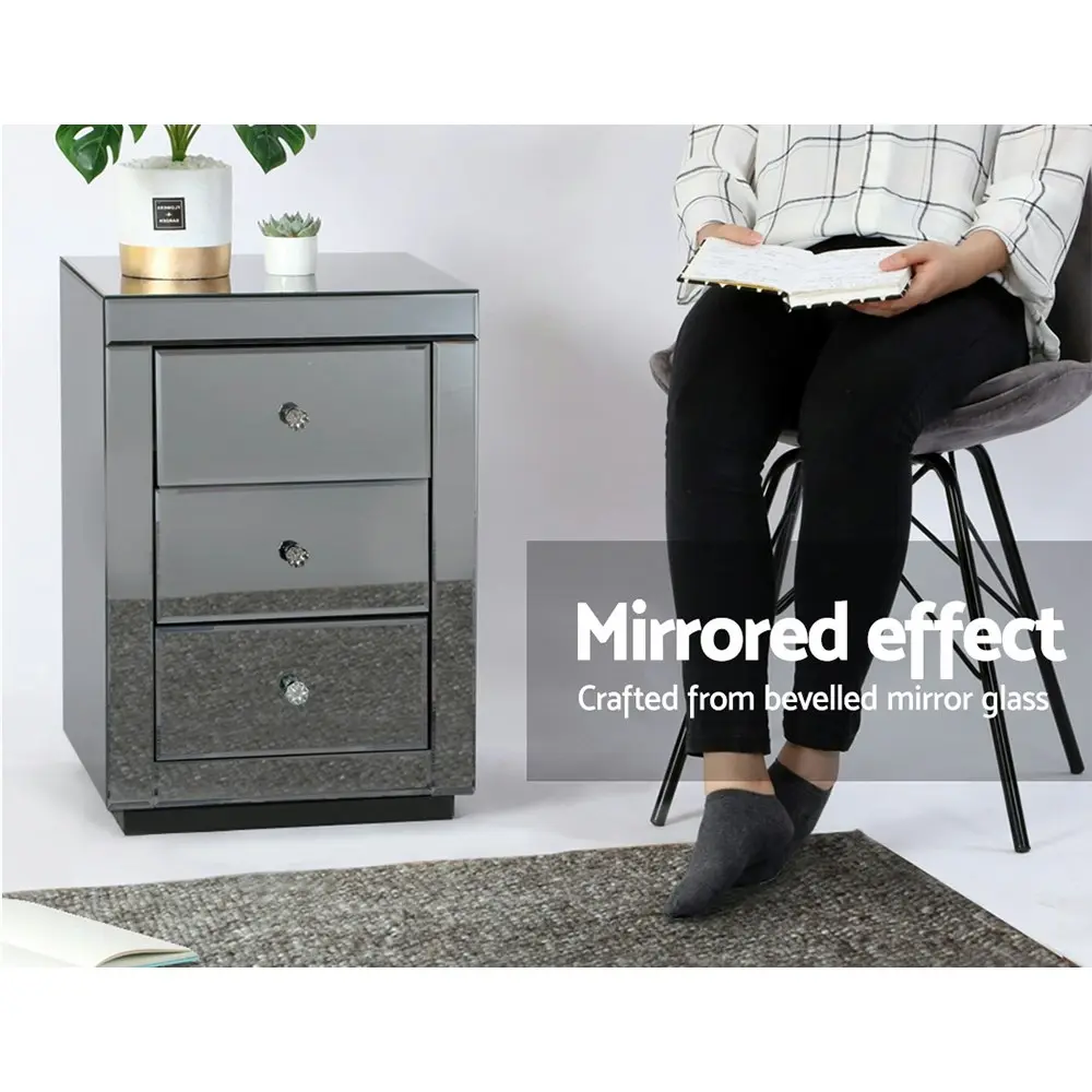 Artiss Bedside Table 3 Drawers Mirrored Glass - PRESIA Grey