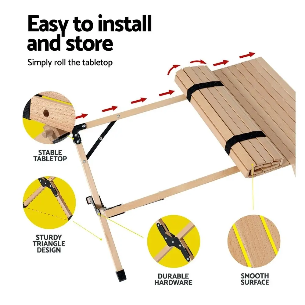 Gardeon Folding Camping Table Outdoor Furniture Wooden Egg Roll Picnic Desk