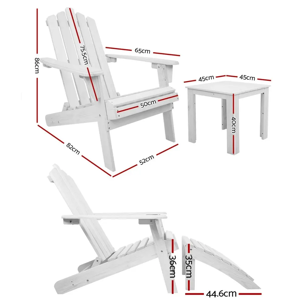 Gardeon 5PC Adirondack Outdoor Table and Chairs Wooden Sun Lounge Patio Furniture White