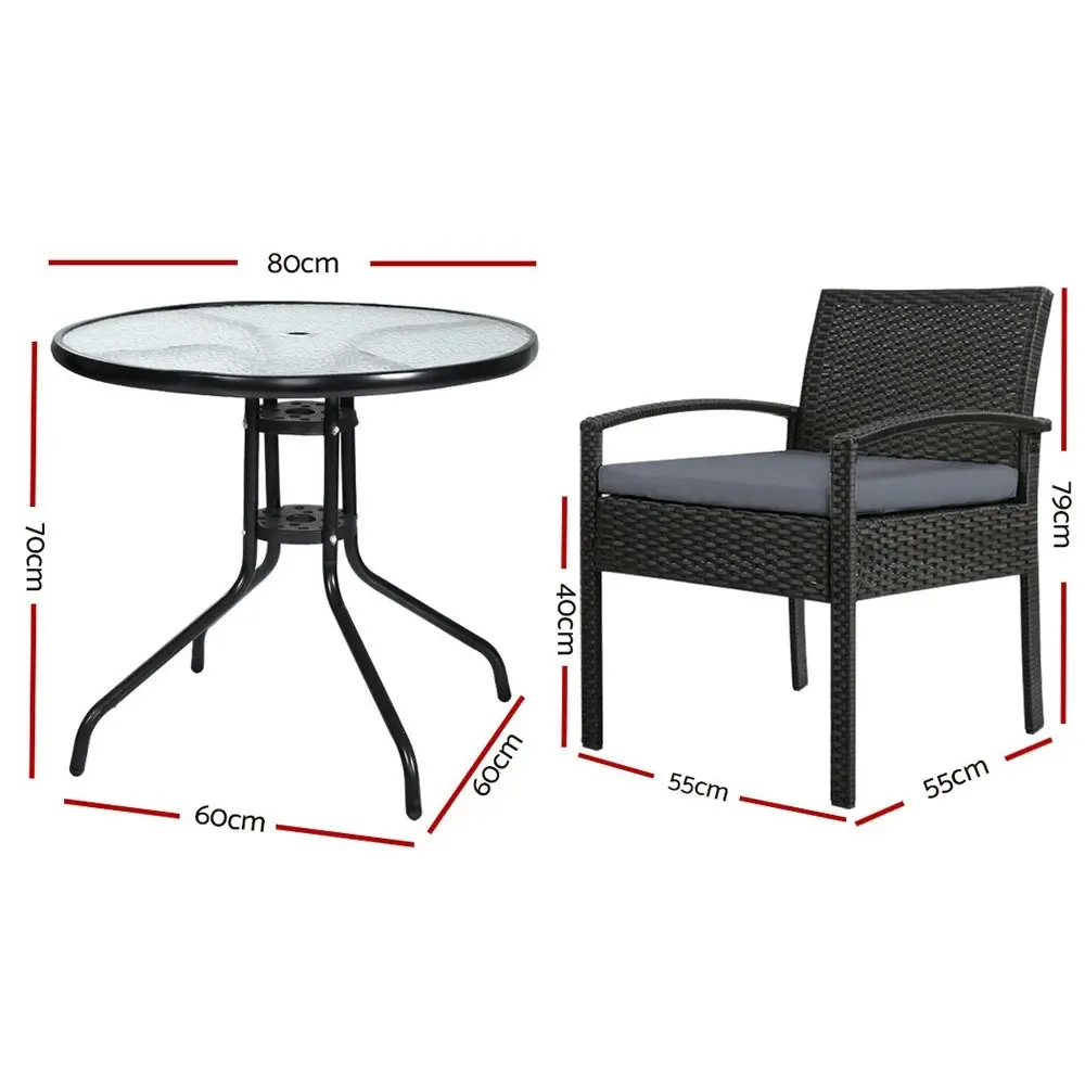 Gardeon 3PC Bistro Set Outdoor Furniture Rattan Table Chairs Cushion Patio Garden Felix