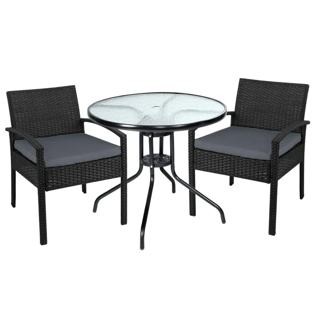 Gardeon 3PC Bistro Set Outdoor Furniture Rattan Table Chairs Cushion Patio Garden Felix