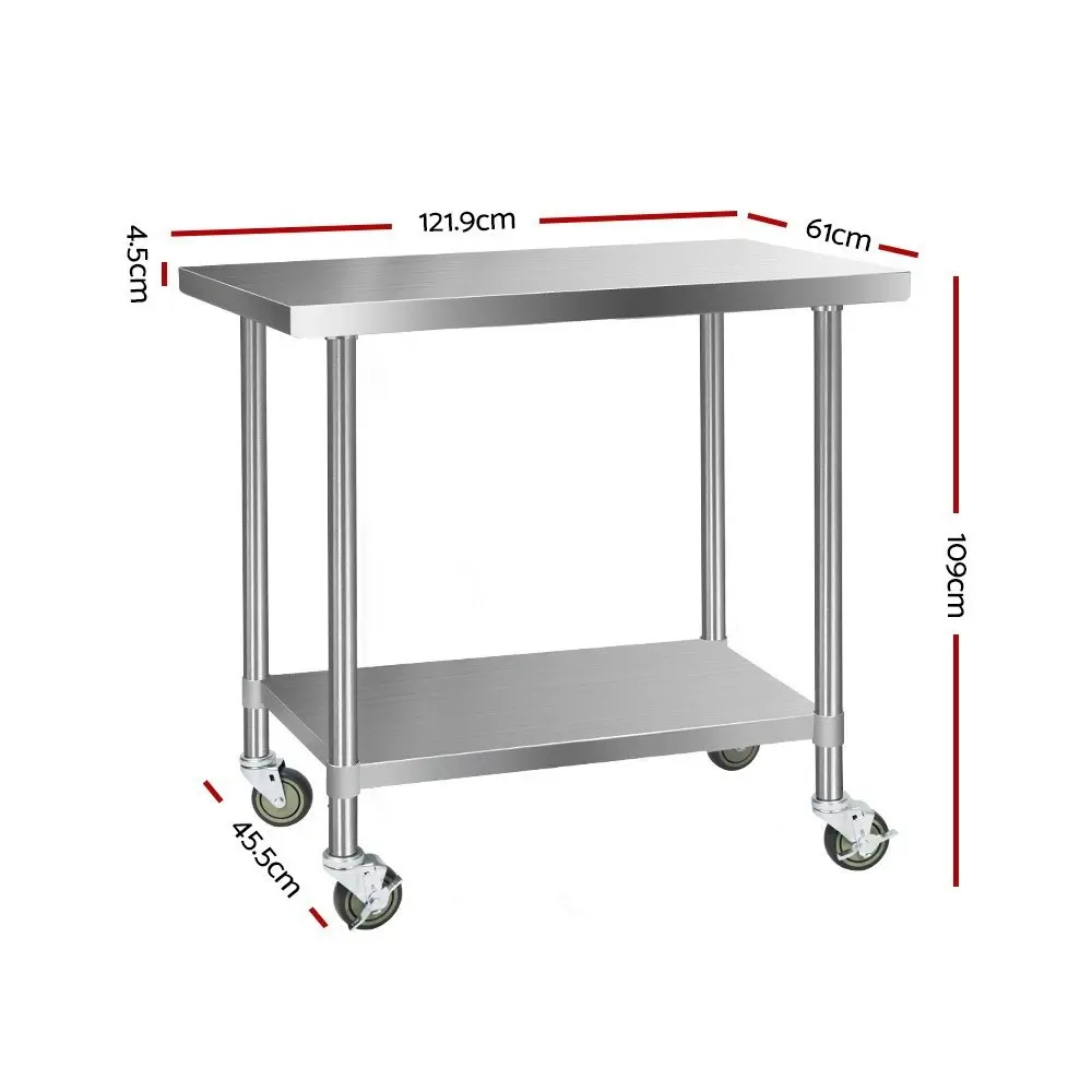 Cefito 1219x610mm Stainless Steel Kitchen Bench with Wheels 304