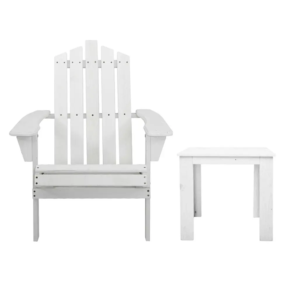 Gardeon 3PC Adirondack Outdoor Table and Chairs Wooden Beach Chair White