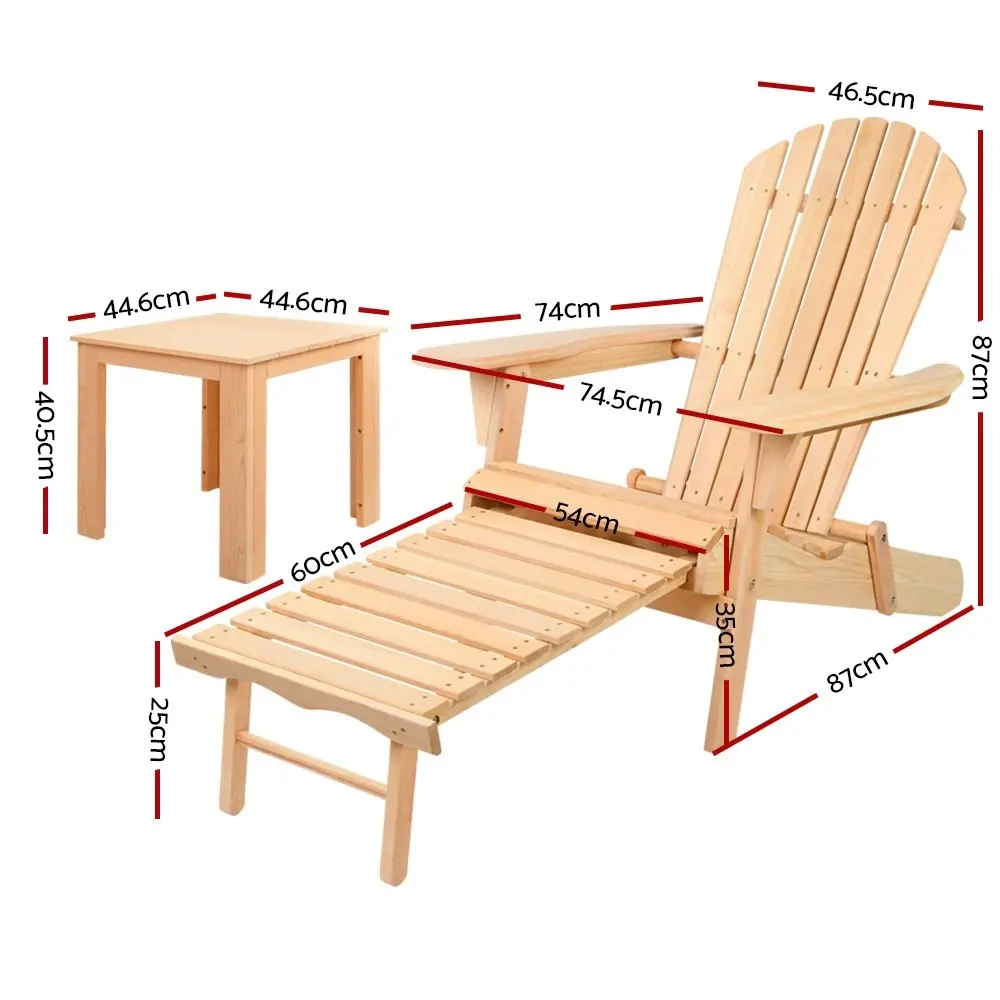 Gardeon 3PC Adirondack Outdoor Table and Chairs? Wooden Sun Lounge Beach Patio Natural