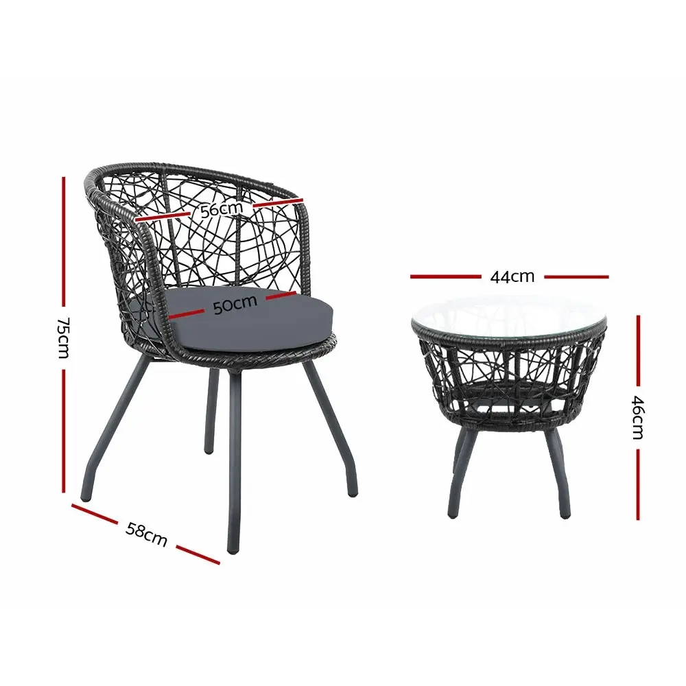 Gardeon 3PC Bistro Set Outdoor Furniture Rattan Table Chairs Patio Garden Cushion Black