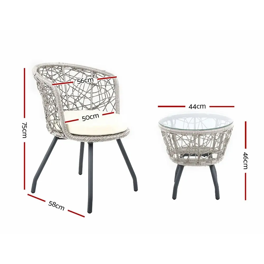 Gardeon 3PC Bistro Set Outdoor Furniture Rattan Table Chairs Patio Garden Cushion Grey