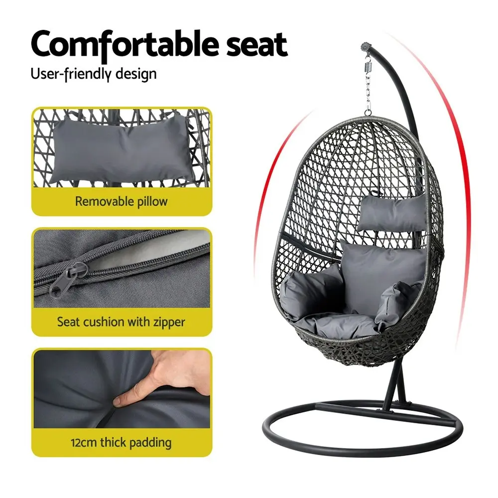 Gardeon Outdoor Egg Swing Chair Wicker Rattan Furniture Pod Stand Cushion Black