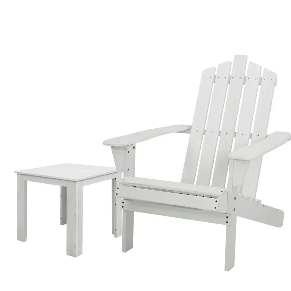 Gardeon 2PC Adirondack Outdoor Table and Chair Wooden Beach Chair Patio Furniture White