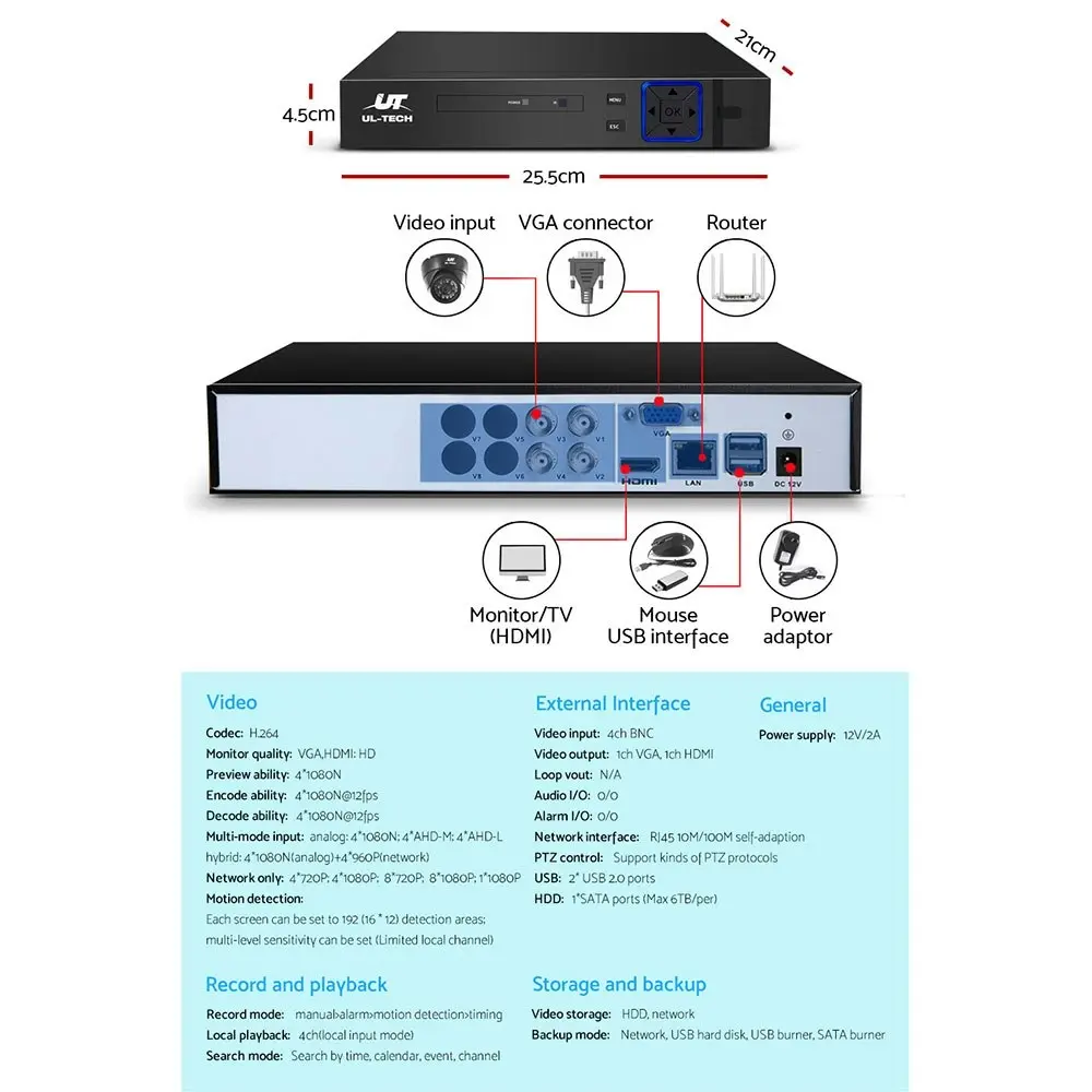 UL-tech CCTV Security System 4CH DVR 4 Outdoor Cameras 1080p