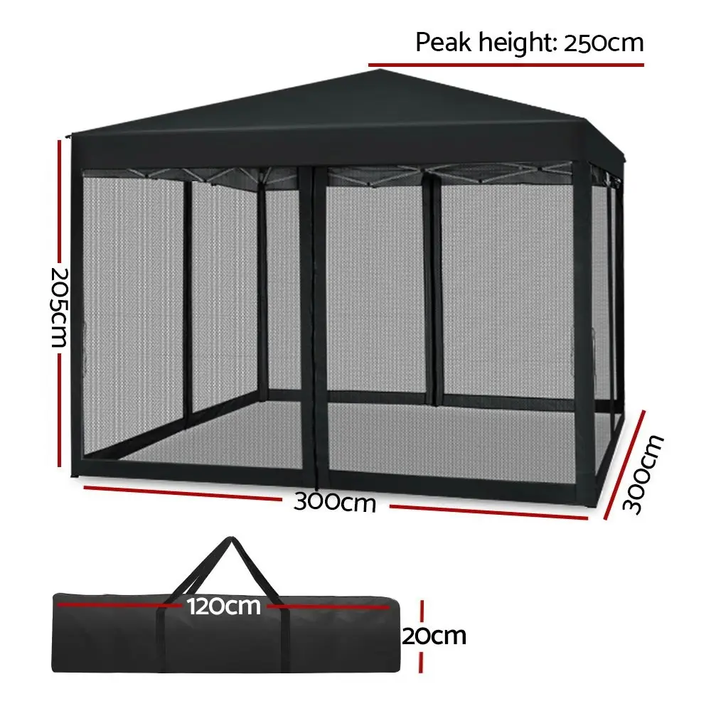 Instahut Gazebo Pop Up Marquee 3x3m Wedding Party Outdoor Camping Tent Canopy Shade Mesh Wall Black