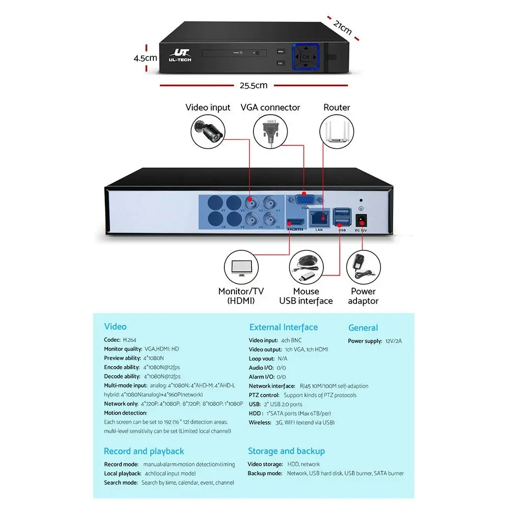 UL-tech CCTV Security System 4CH DVR 2 Cameras 1080p