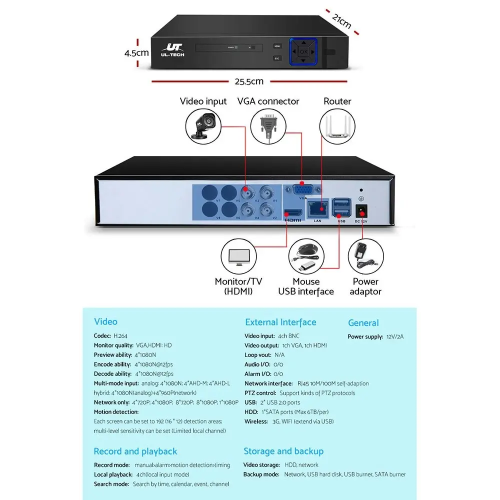 UL-tech CCTV Camera Security System 4CH DVR 4 Square Cameras 1TB Hard Drive