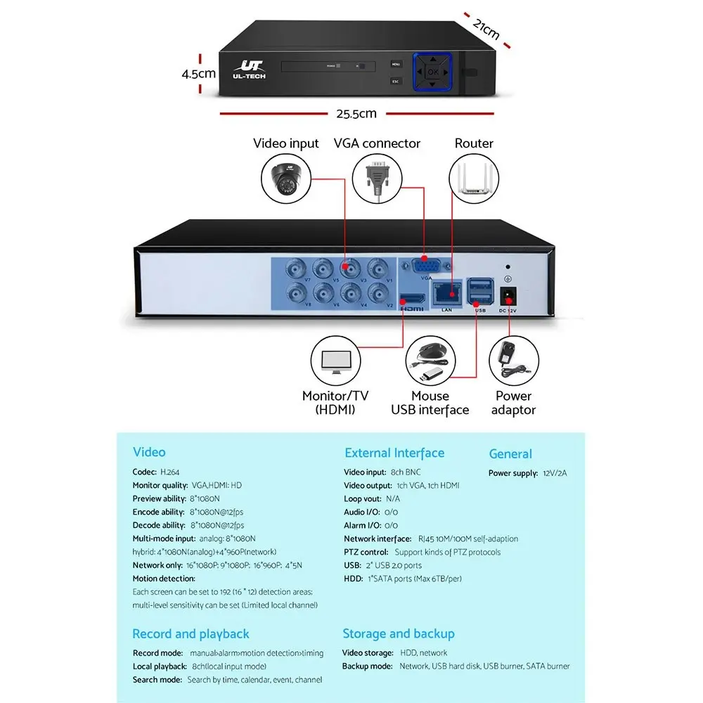 UL-tech CCTV Camera Security System 8CH DVR 8 Dome Cameras 1080P Outdoor Home