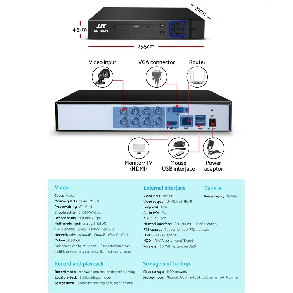 UL-tech CCTV Camera Security System 8CH DVR 8 Square Cameras 1080P Outdoor Home