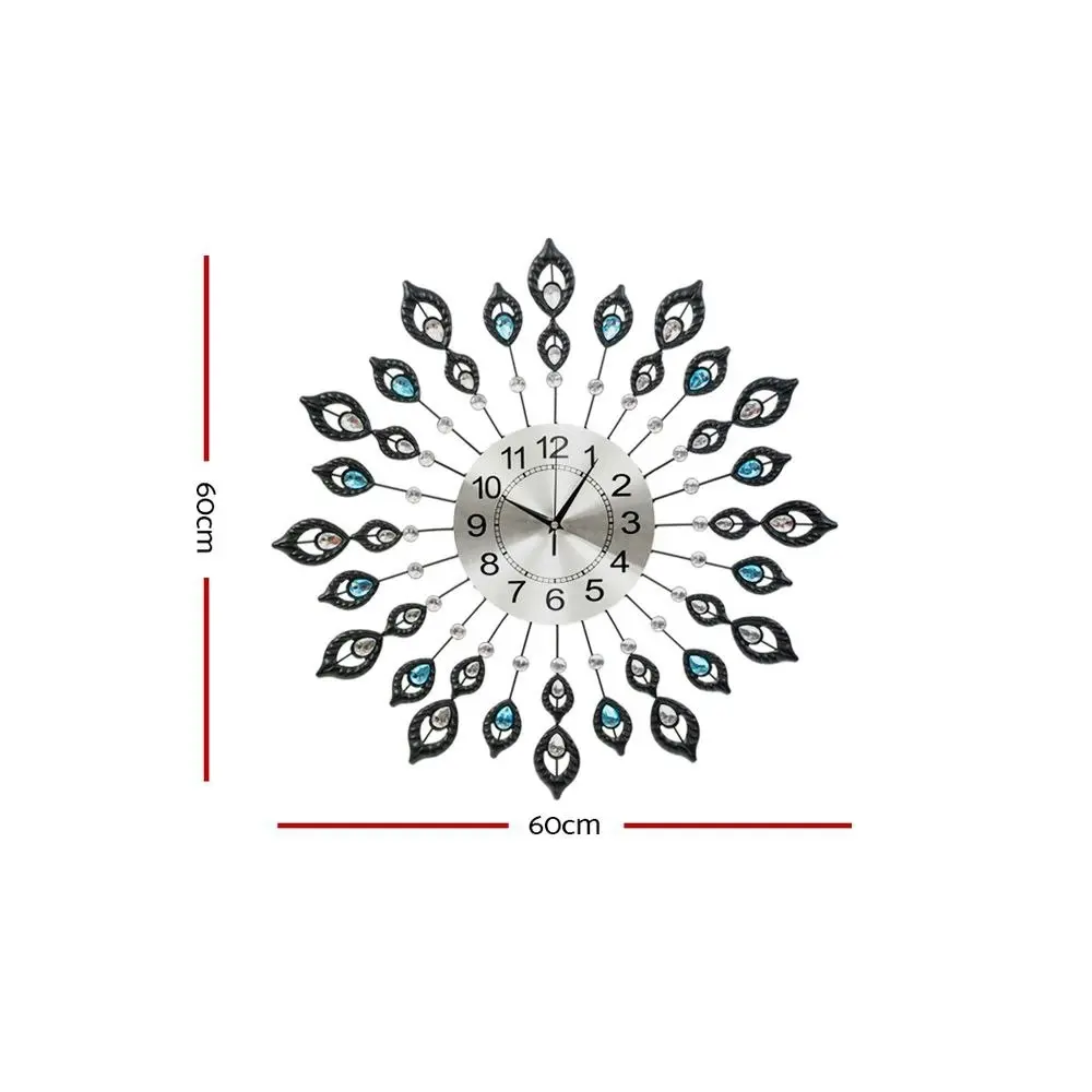 Artiss 60cm Wall Clock Large 3D Peacock Crystal Silver