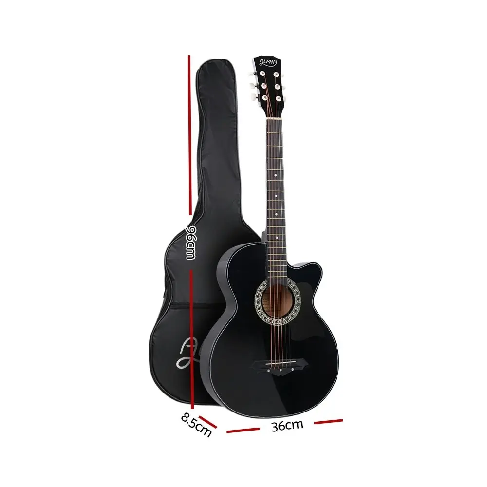 Alpha 38 Inch Acoustic Guitar Wooden Body Steel String Full Size Cutaway Black