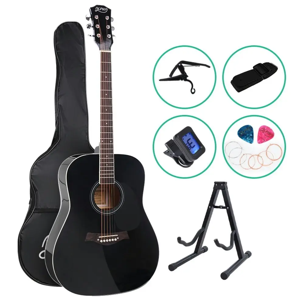 Alpha 41 Inch Acoustic Guitar Wooden Body Steel String Dreadnought Stand Black