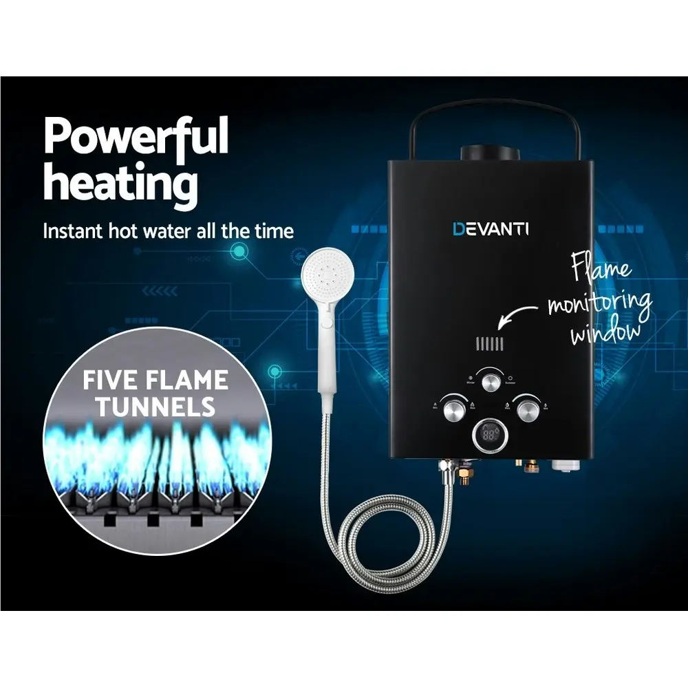 Devanti Portable Gas Water Heater 8L/Min With Pump LPG System Black