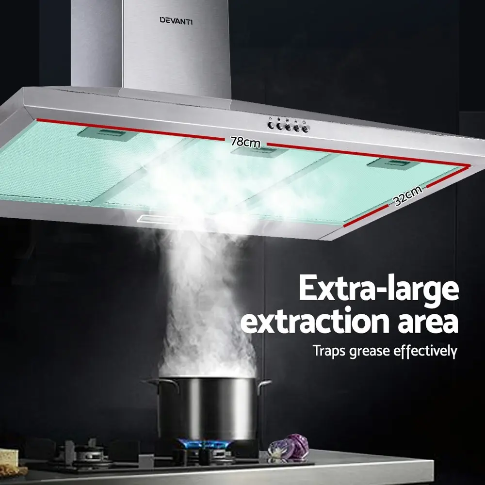 Devanti 900mm Range Hood 90cm Rangehood Stainless Steel LED Light