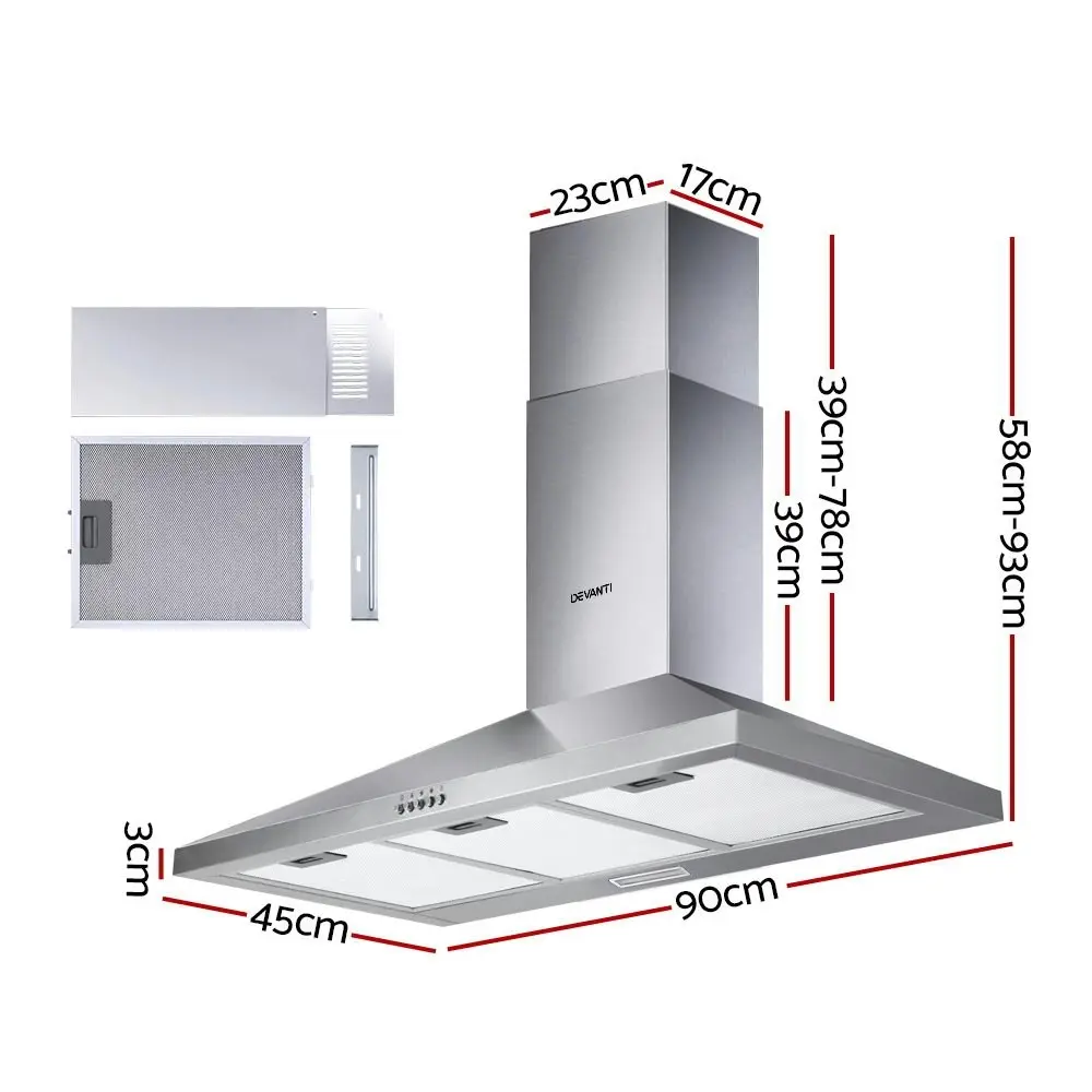 Devanti 900mm Range Hood 90cm Rangehood Stainless Steel LED Light