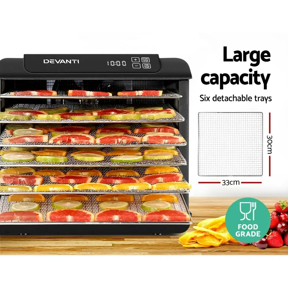 Devanti 6 Trays Food Dehydrator Stainless Steel Tray Black