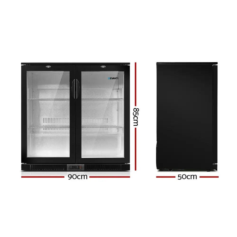 Devanti 198L Bar Fridge Dual Glass Door w/Light Black