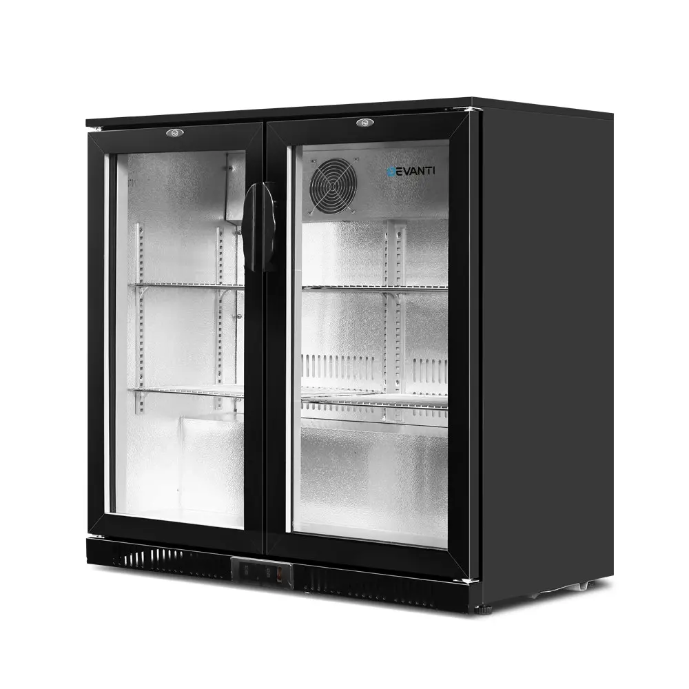 Devanti 198L Bar Fridge Dual Glass Door w/Light Black