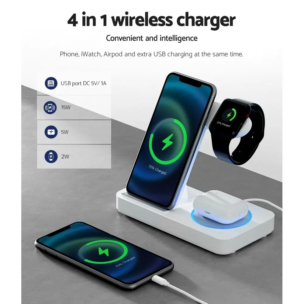 Devanti 4-in-1 Wireless Charger Station Fast Charging for Phone White