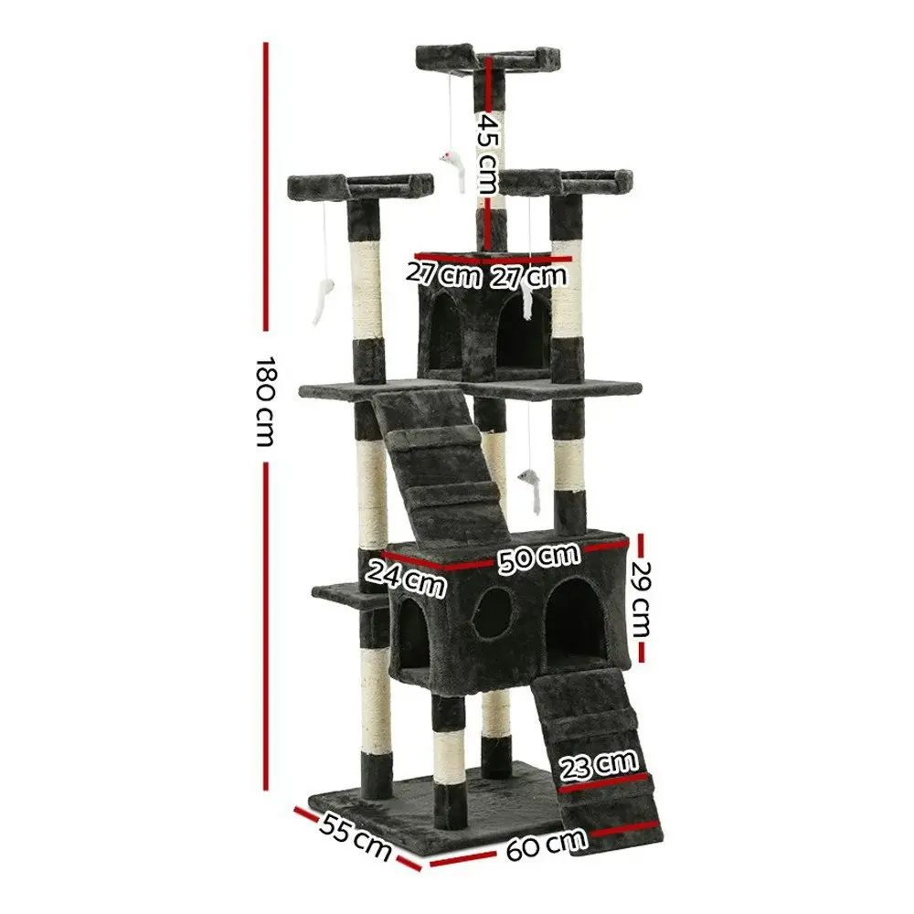 i.Pet Cat Tree 180cm Tower Scratching Post Scratcher Wood Condo House Toys Grey