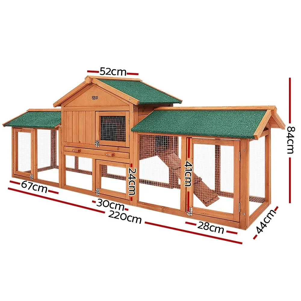 i.Pet Chicken Coop Rabbit Hutch 220cm x 44cm x 84cm Large Run Wooden Outdoor Bunny Cage House