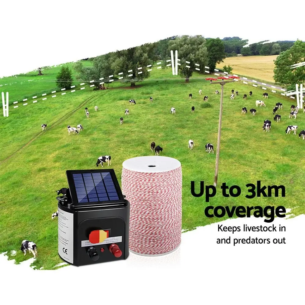 Giantz Fence Energiser 3KM Solar Powered Electric 2KM Poly Wire